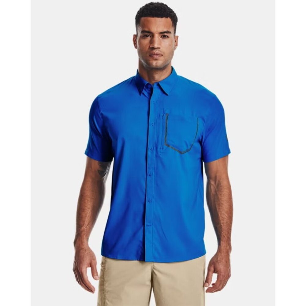 Under Armour Bright Blue Short Sleeve High Tide Shirt Button Front Men's Large